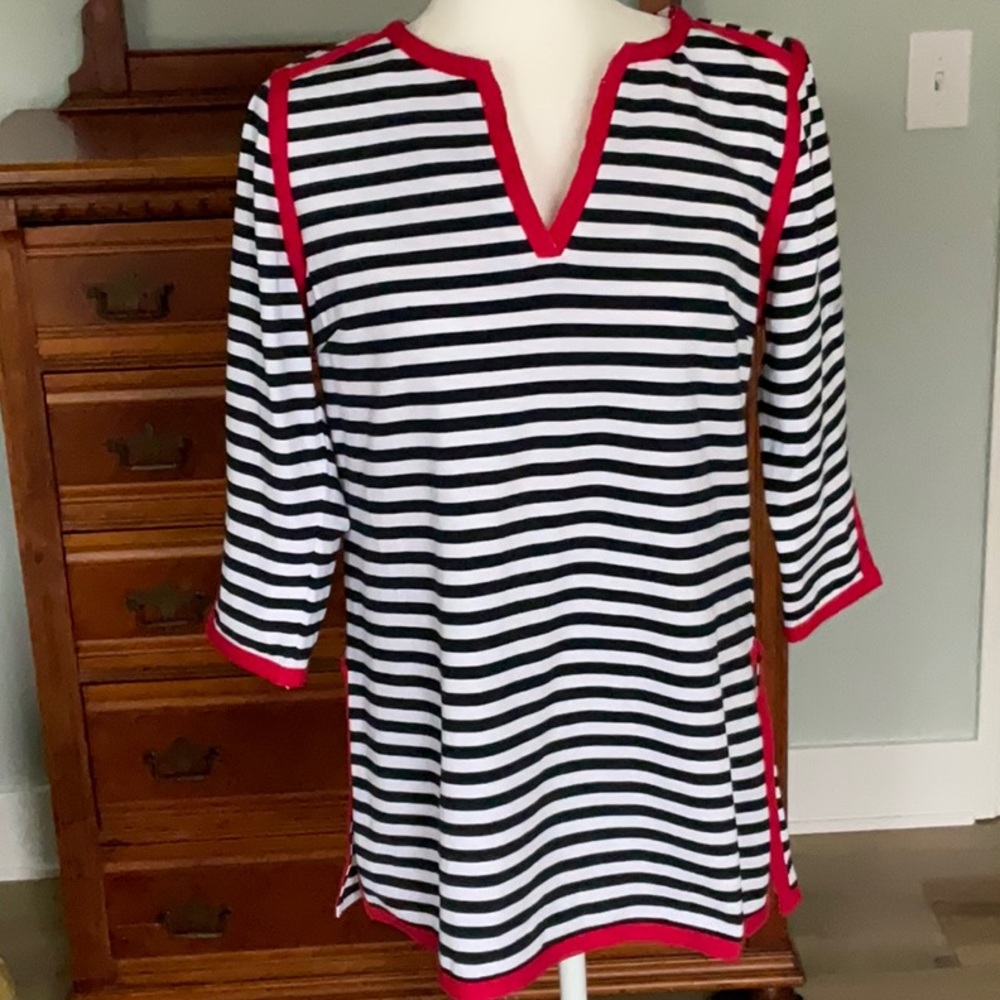 Gretchen Scott Blue, White and Red Classic Coastal Striped Tunic Size L Nautical - Picture 3 of 10